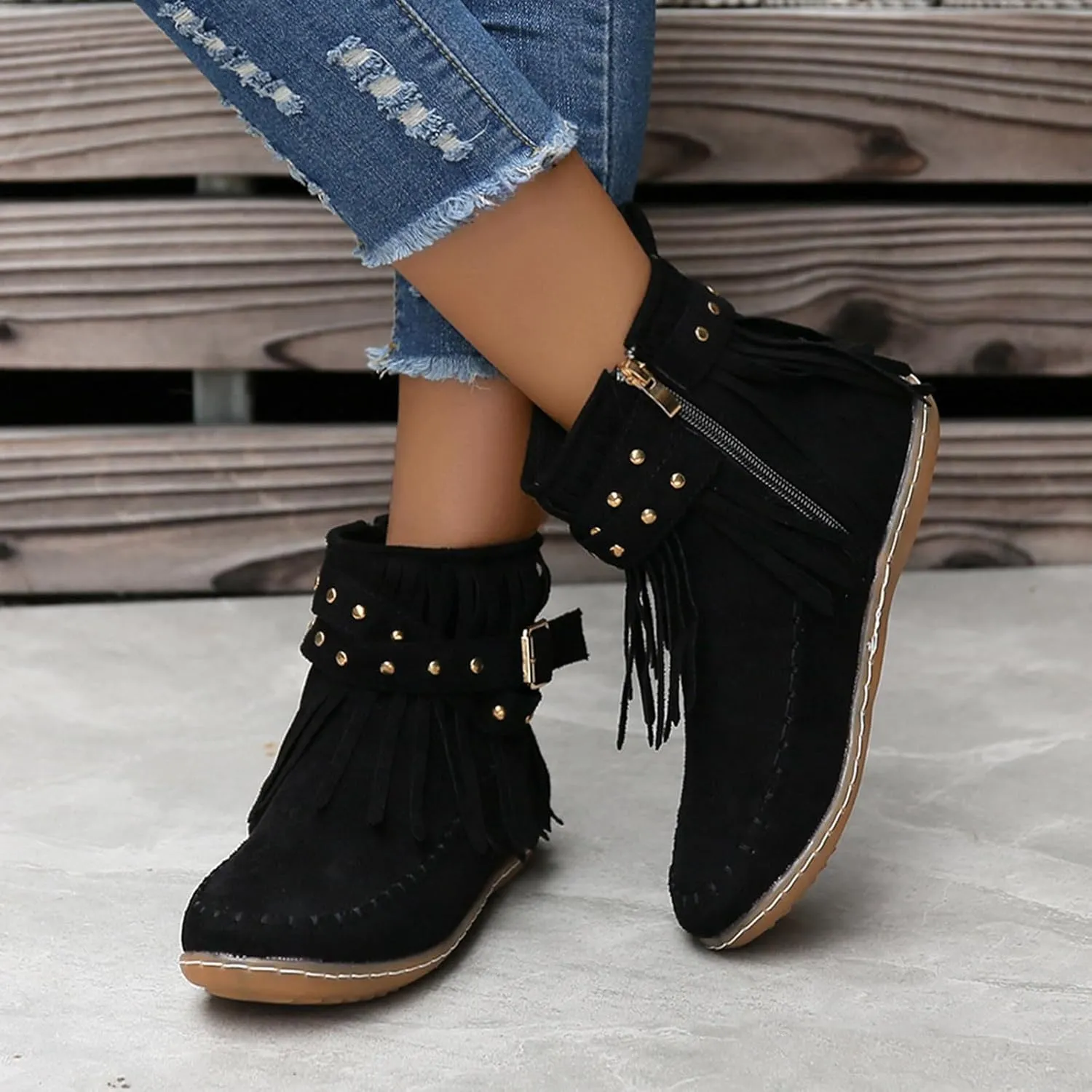 Boots for Women Vintage Solid Tassel Buckle Boots Side Zipper Soft Comfortable Casual Hiking Boots Women