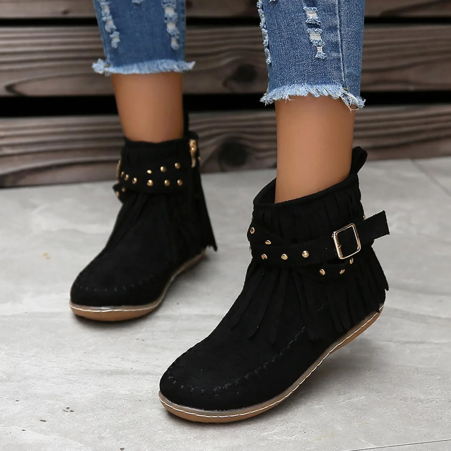 Boots for Women Vintage Solid Tassel Buckle Boots Side Zipper Soft Comfortable Casual Hiking Boots Women