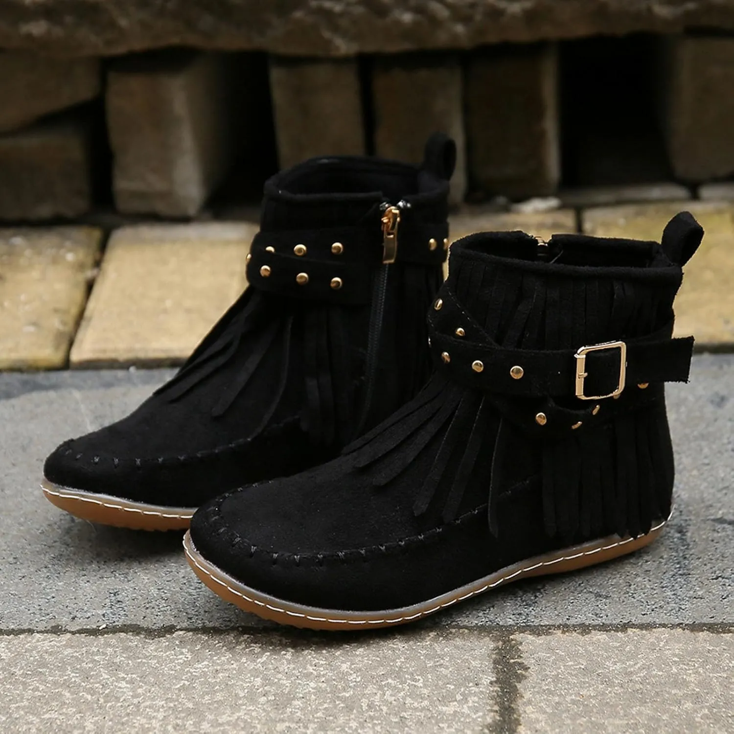 Boots for Women Vintage Solid Tassel Buckle Boots Side Zipper Soft Comfortable Casual Hiking Boots Women