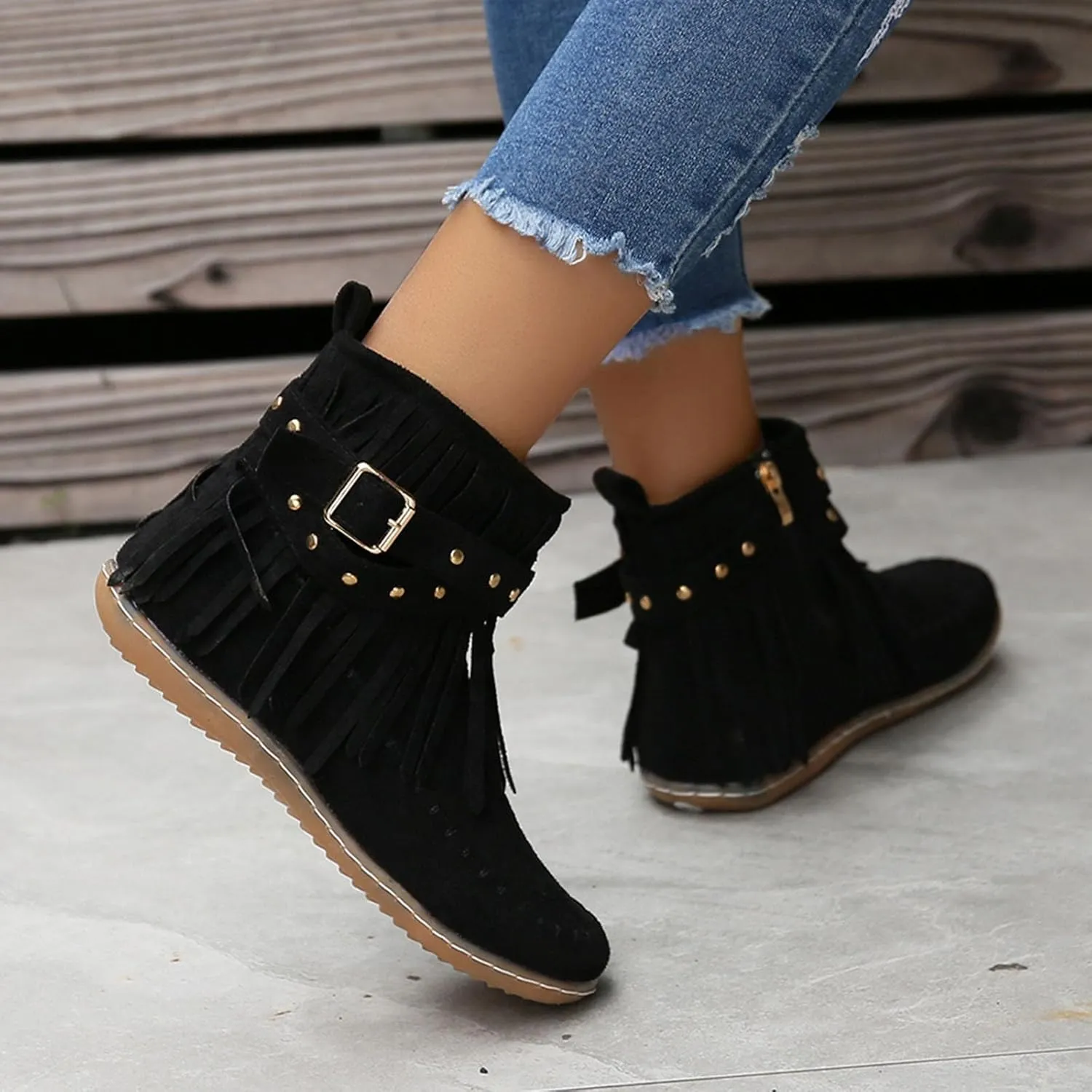 Boots for Women Vintage Solid Tassel Buckle Boots Side Zipper Soft Comfortable Casual Hiking Boots Women