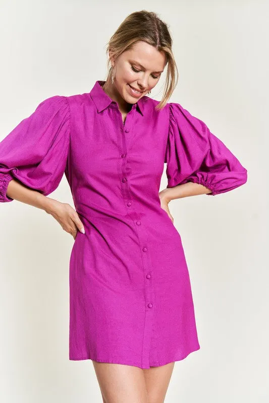 Chic Half Sleeve Balloon Sleeve Button-Down Belted Dress