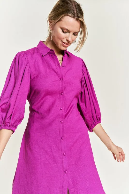 Chic Half Sleeve Balloon Sleeve Button-Down Belted Dress
