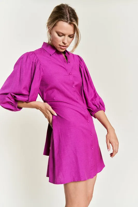 Chic Half Sleeve Balloon Sleeve Button-Down Belted Dress