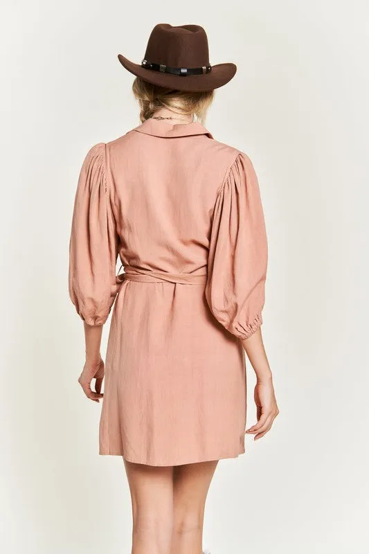 Chic Half Sleeve Balloon Sleeve Button-Down Belted Dress