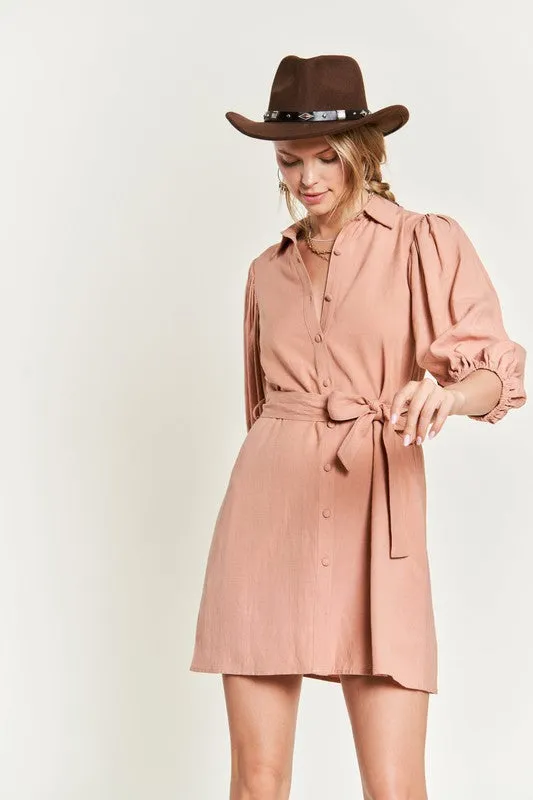 Chic Half Sleeve Balloon Sleeve Button-Down Belted Dress