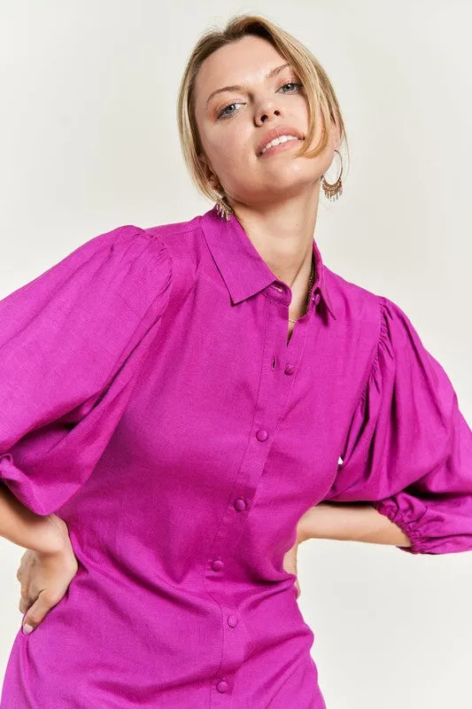 Chic Half Sleeve Balloon Sleeve Button-Down Belted Dress