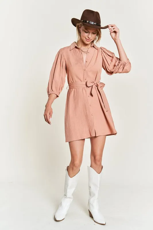 Chic Half Sleeve Balloon Sleeve Button-Down Belted Dress