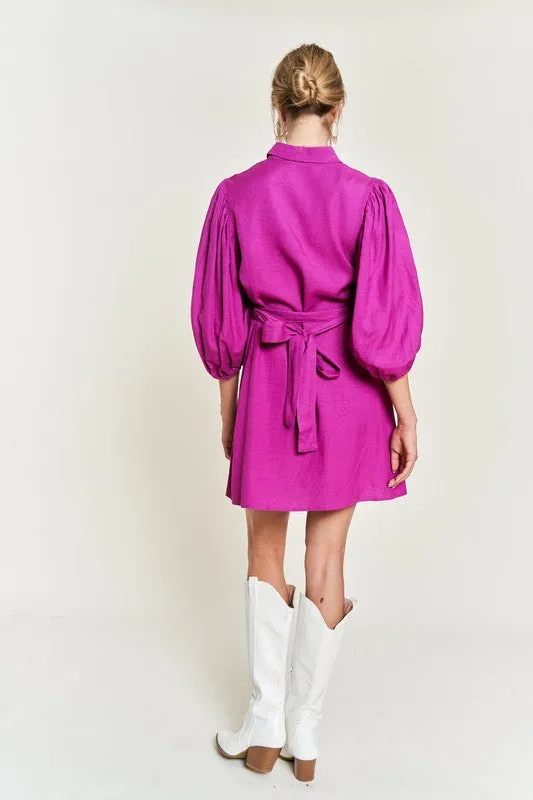 Chic Half Sleeve Balloon Sleeve Button-Down Belted Dress
