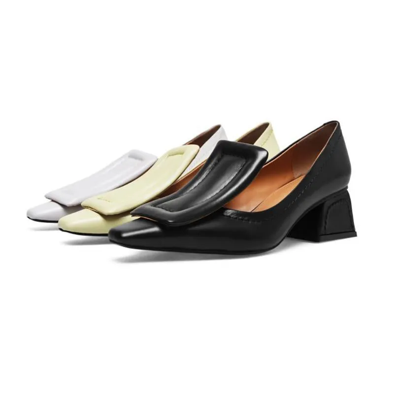Chunky Heel Genuine Leather Square Toe Shoes