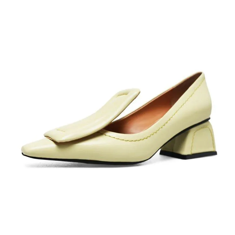 Chunky Heel Genuine Leather Square Toe Shoes