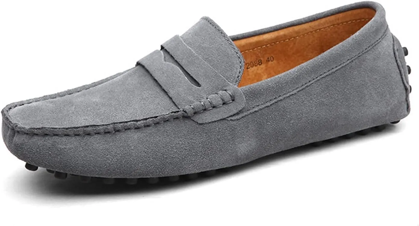 Easy to Put and Remove Smoking Loafer Driving Moccasins for Men Genuine Leather Suede Vamp Penny Loafer Stitching Details Round Toe Soft Flat Heel Flexible Comfortable for All Occasions