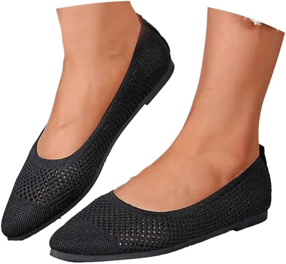 Flats for Women Dressy Comfortable, Pointed Toe Ballet Shoes Solid-Color Knit Hollow Out Breathable Slip on Flats Shoes