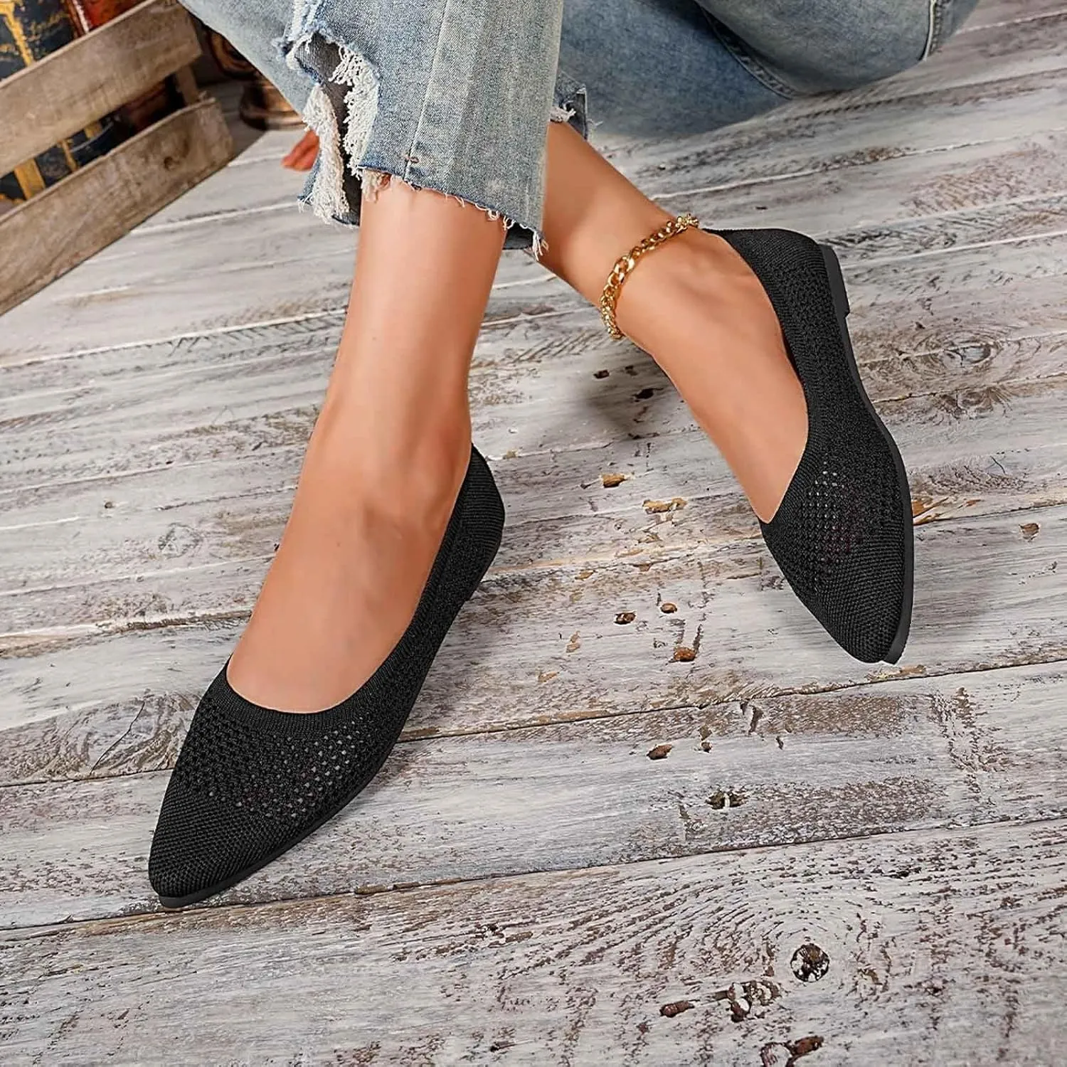 Flats for Women Dressy Comfortable, Pointed Toe Ballet Shoes Solid-Color Knit Hollow Out Breathable Slip on Flats Shoes