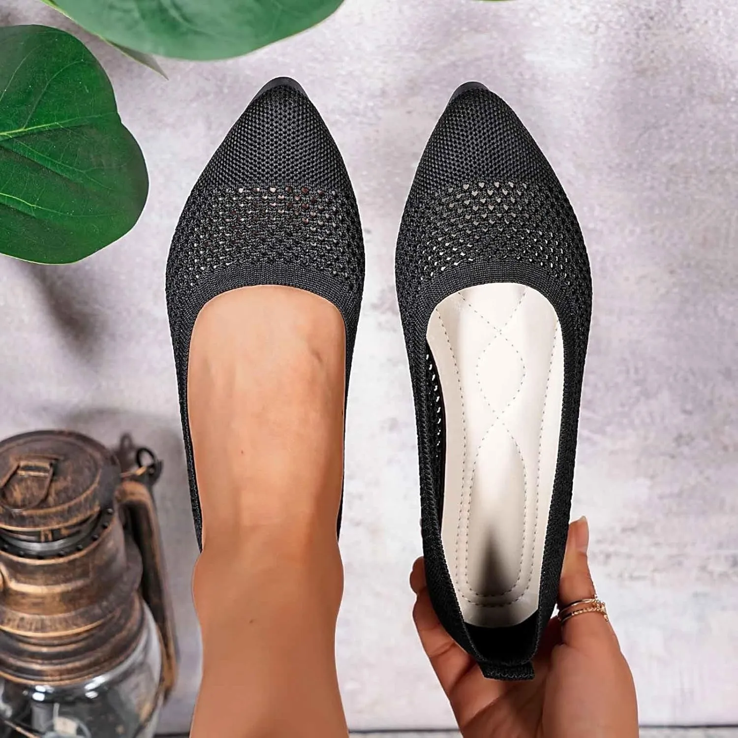Flats for Women Dressy Comfortable, Pointed Toe Ballet Shoes Solid-Color Knit Hollow Out Breathable Slip on Flats Shoes