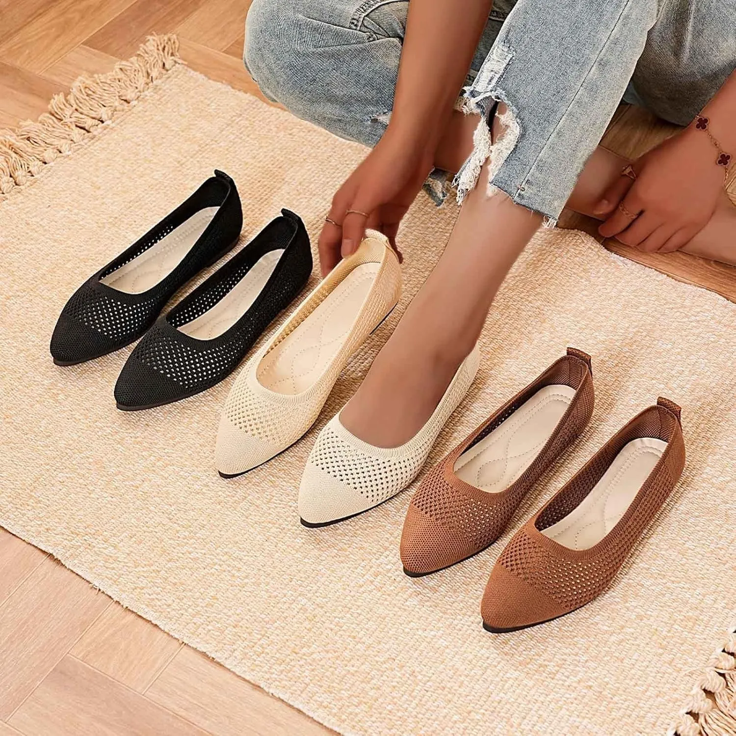 Flats for Women Dressy Comfortable, Pointed Toe Ballet Shoes Solid-Color Knit Hollow Out Breathable Slip on Flats Shoes