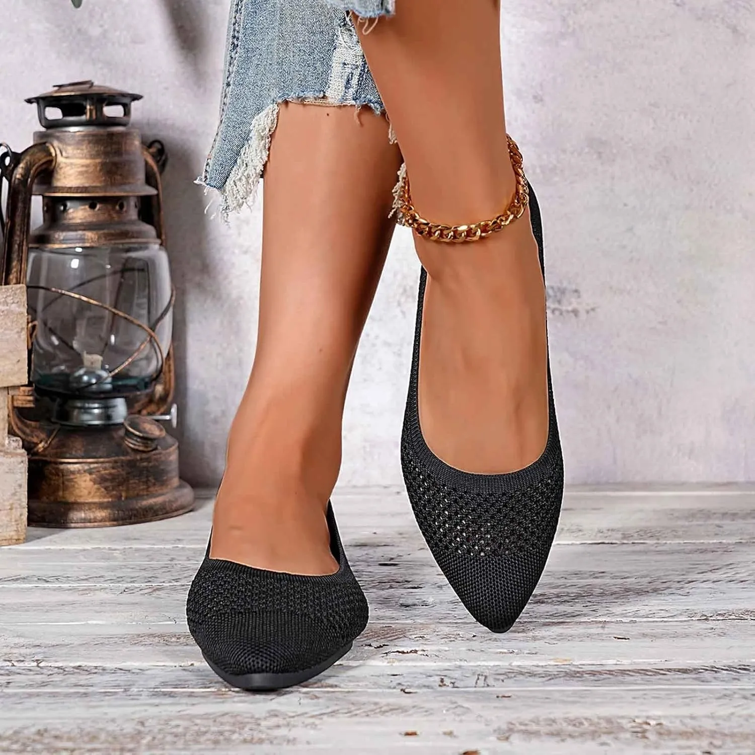Flats for Women Dressy Comfortable, Pointed Toe Ballet Shoes Solid-Color Knit Hollow Out Breathable Slip on Flats Shoes
