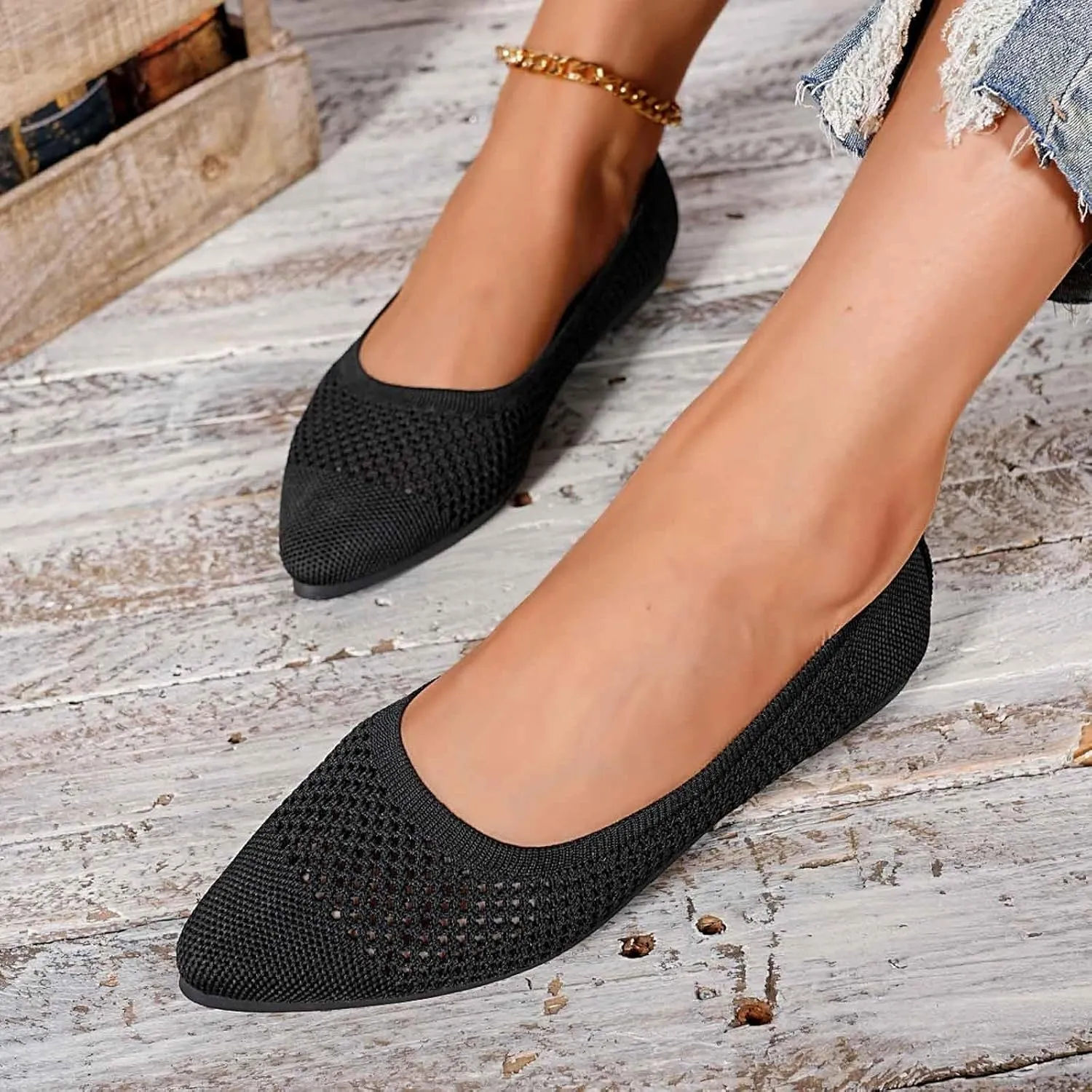 Flats for Women Dressy Comfortable, Pointed Toe Ballet Shoes Solid-Color Knit Hollow Out Breathable Slip on Flats Shoes