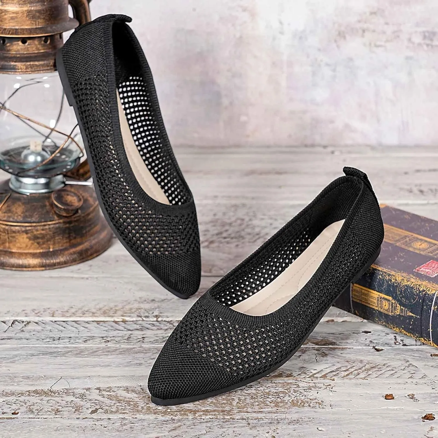 Flats for Women Dressy Comfortable, Pointed Toe Ballet Shoes Solid-Color Knit Hollow Out Breathable Slip on Flats Shoes