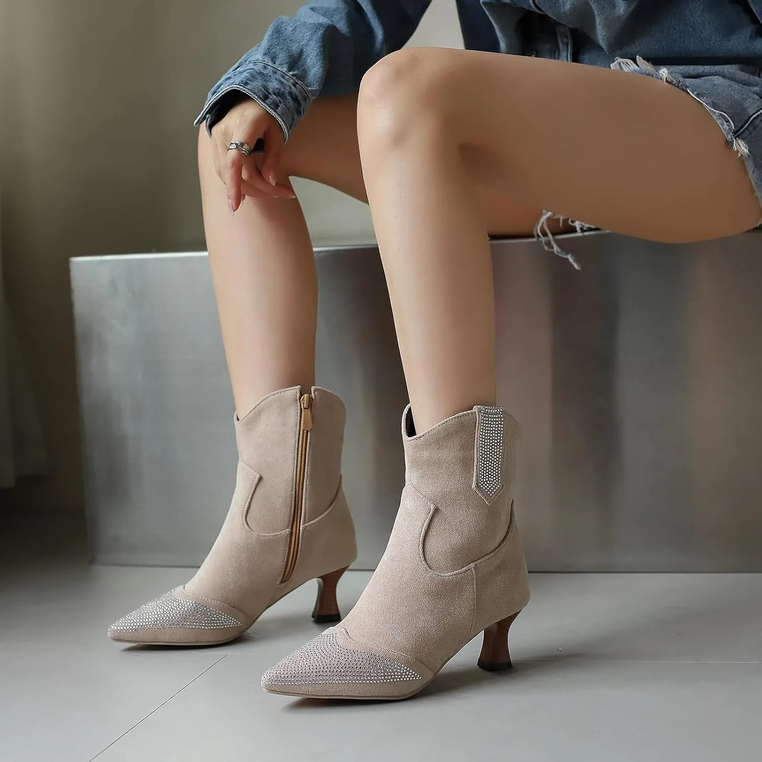 Gicoiz Women Pointed Toe Elegant Kitten Heels Ankle Boots