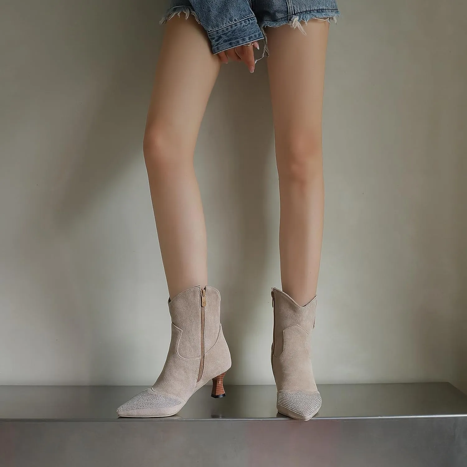 Gicoiz Women Pointed Toe Elegant Kitten Heels Ankle Boots