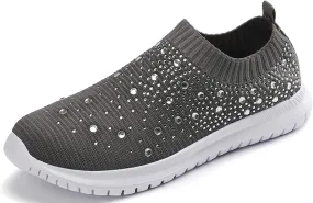 HINDOLA Women's Mesh Walking Shoes Rhinestone Glitter Slip On Ballroom Jazz Latin Dance Sock Sneakers Casual Shoes