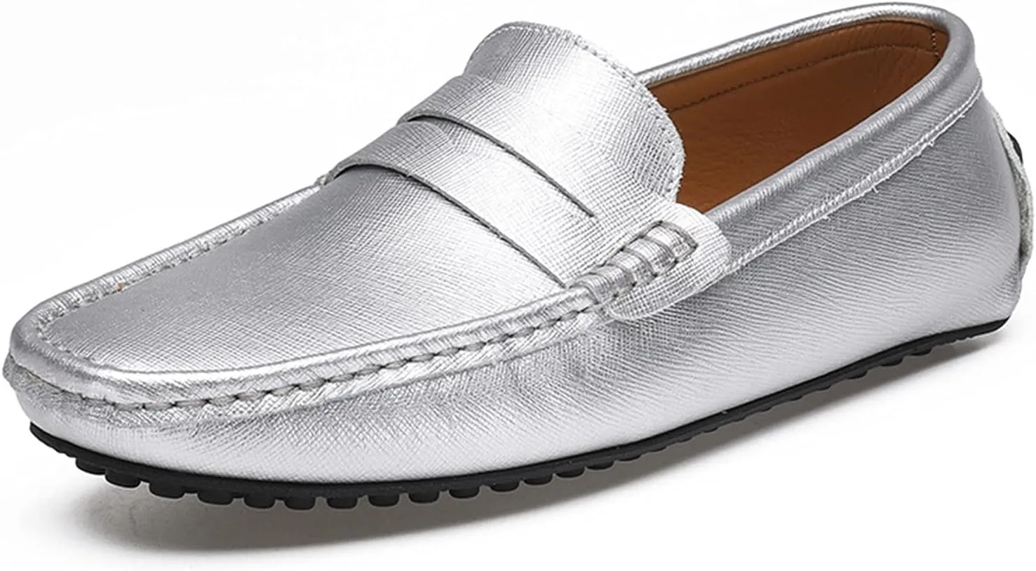 HOOENG Smoking Loafer for Men Genuine Leather Stitching Details Penny Loafer Flexible Resistant Soft Driving Slip on (Color : Silver, Size : 7.5)