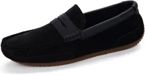 HOOENG Smoking Loafer for Men Suede Vamp Genuine Leather Stitching Details Round Toe Penny Loafer Soft Flat Heel Comfortable Walking Slip on (Color : Black, Size : 8.5)