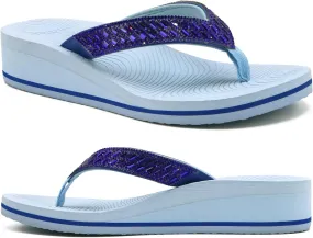 KuaiLu Womens Dressy Rhinestone Platform Flip Flops Trendy Comfortable Arch Support Cushion Walking Thong Sandals Yoga Foam Low Wedge Slippers Summer Pool Beach