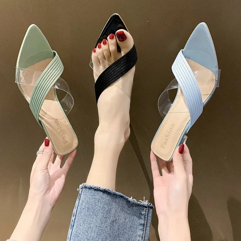 Ladies One-Side Clear Strap Low Heel Mule Sandals