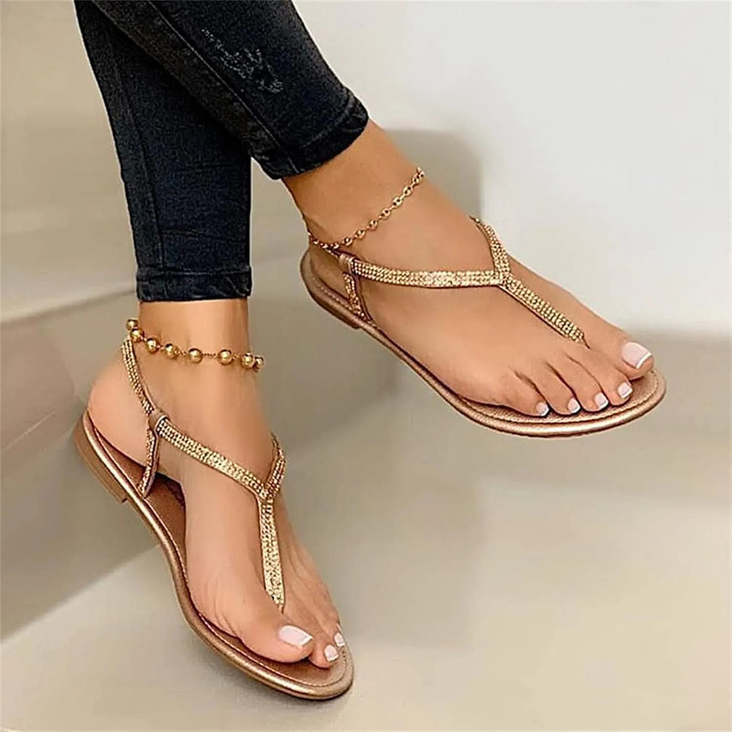 Ladmiple Sandals for Women Dressy Trendy Ankle Strap Crystal Flip Flop Sandals Summer Casual Beach Open Toe Flats Sandal