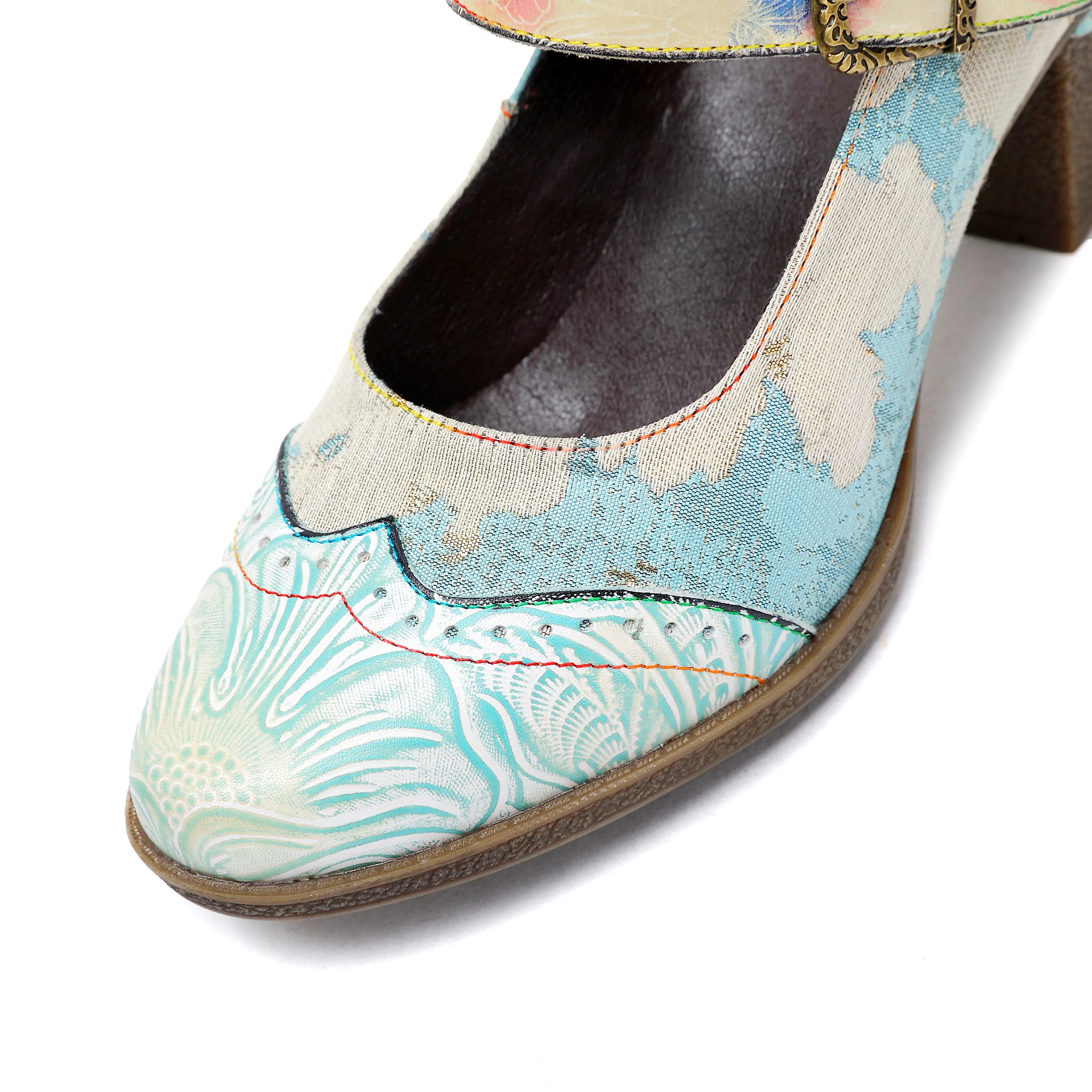 Lady's Heels Handmade Shoes Wedding Party Elegant Vintage Leather Buckle Light Blue Pumps
