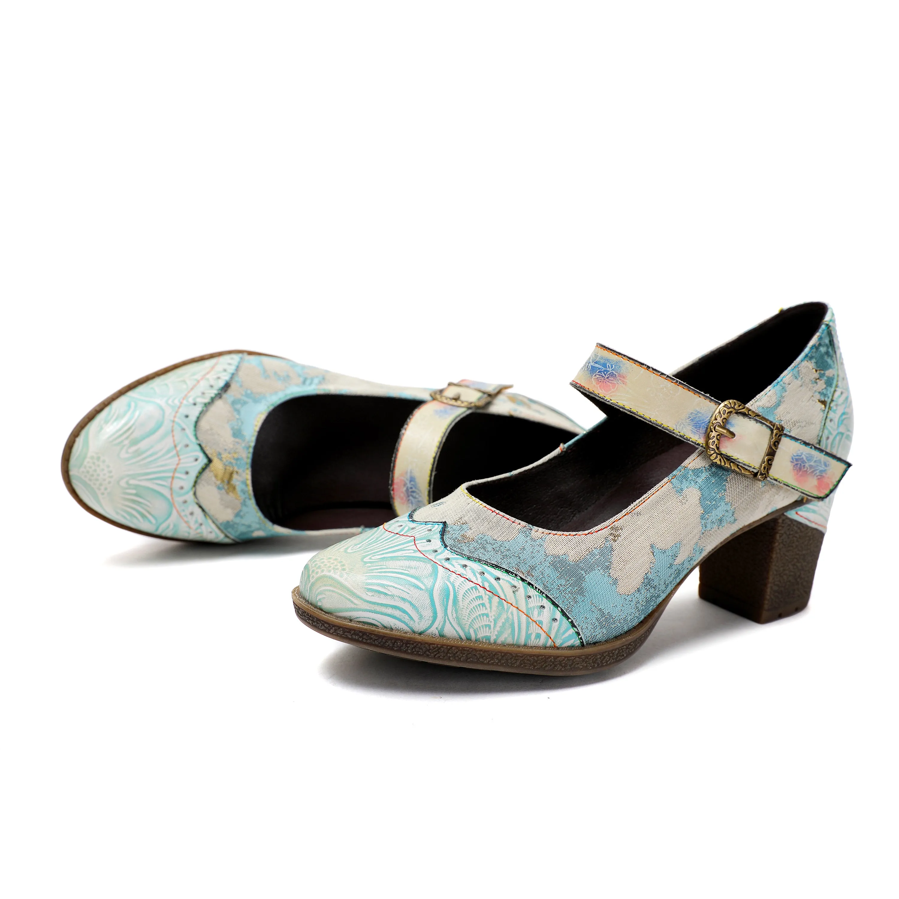 Lady's Heels Handmade Shoes Wedding Party Elegant Vintage Leather Buckle Light Blue Pumps