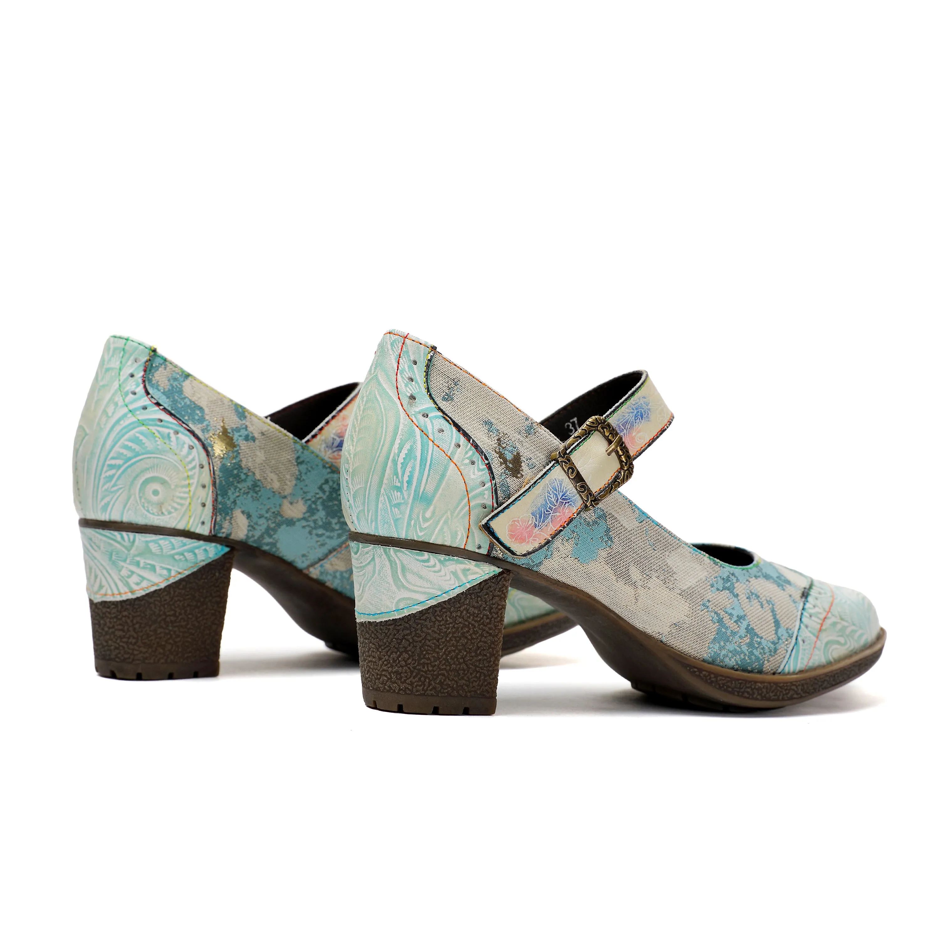 Lady's Heels Handmade Shoes Wedding Party Elegant Vintage Leather Buckle Light Blue Pumps