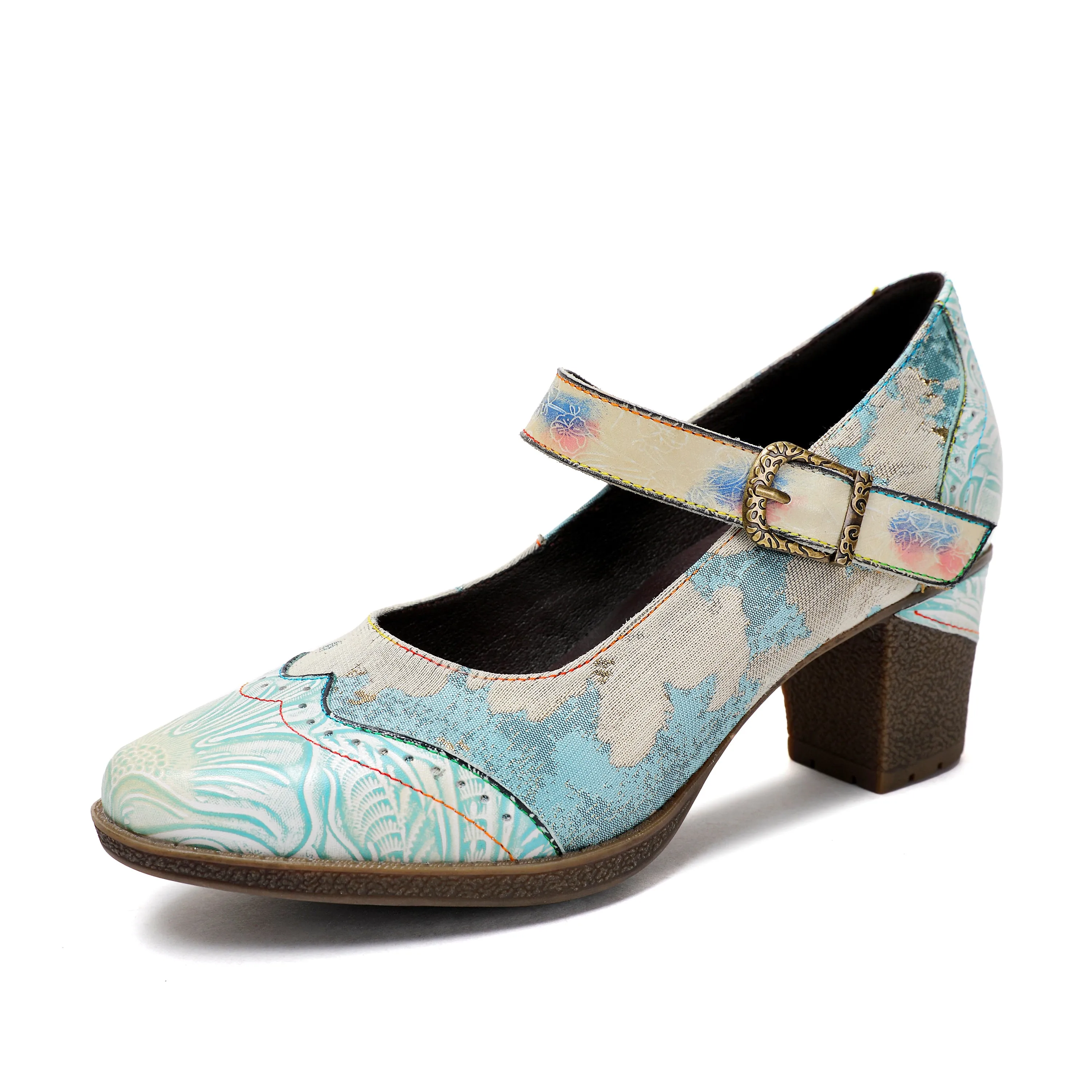 Lady's Heels Handmade Shoes Wedding Party Elegant Vintage Leather Buckle Light Blue Pumps