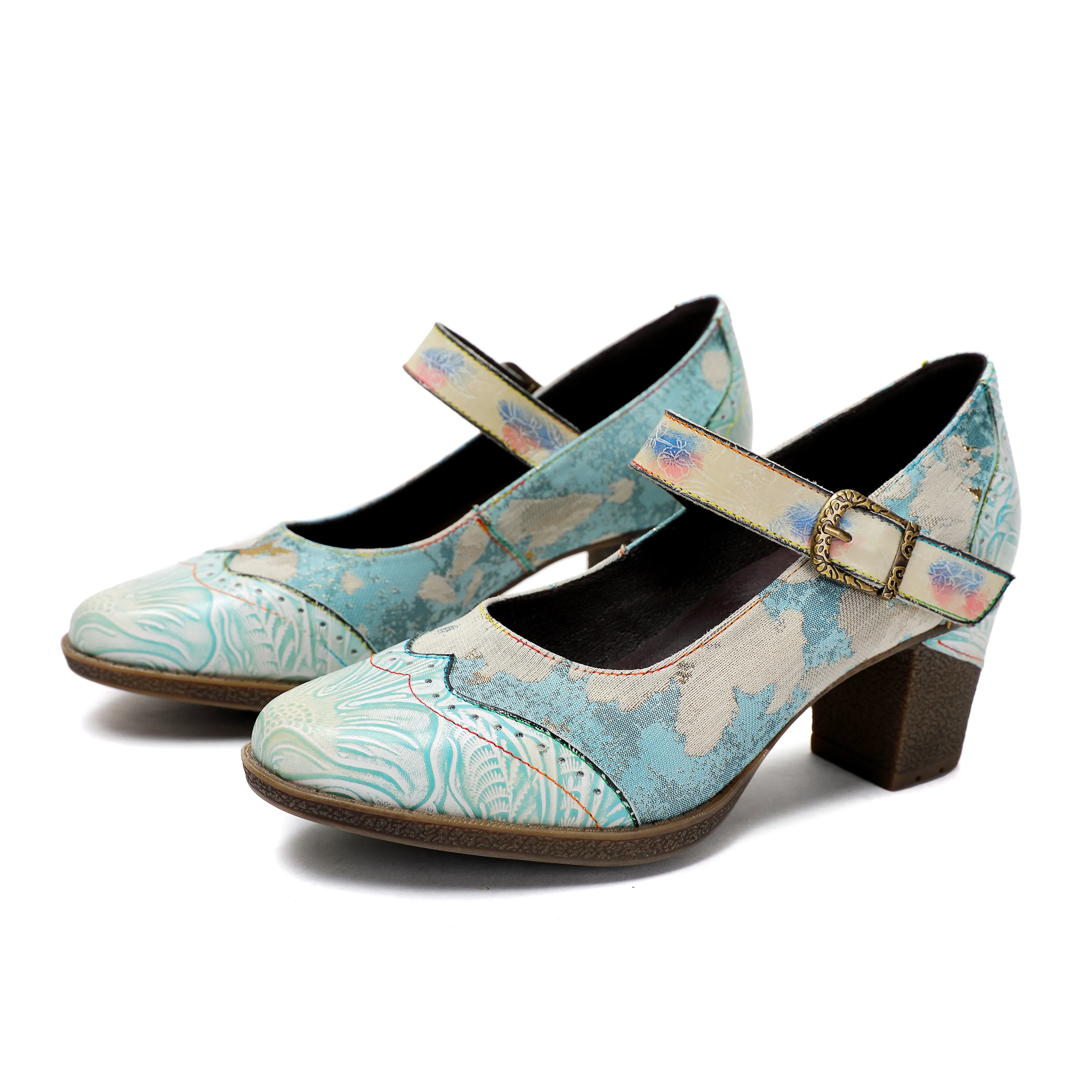 Lady's Heels Handmade Shoes Wedding Party Elegant Vintage Leather Buckle Light Blue Pumps