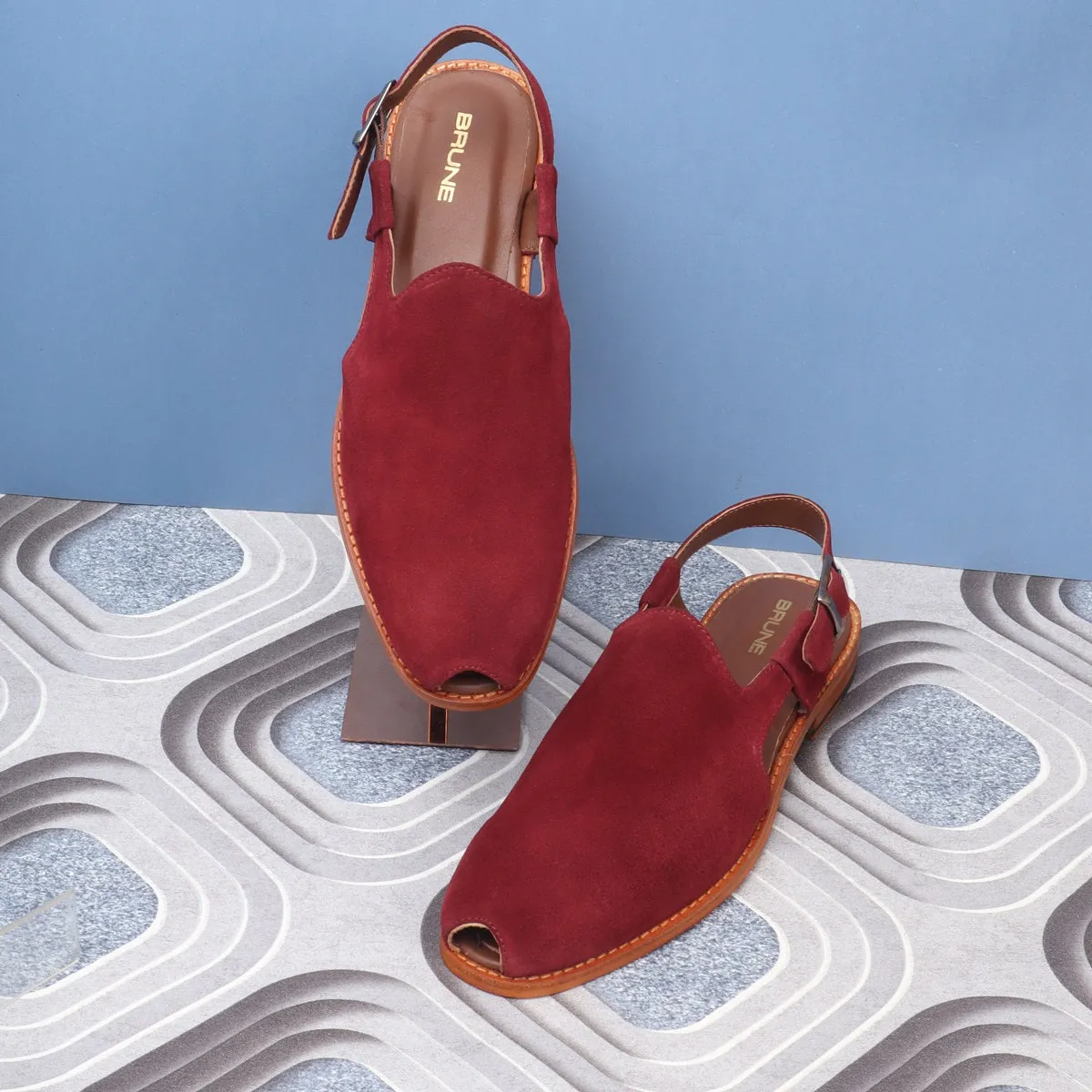 Light Weight Peshawari Sandals in Red Suede Leather For Men By Brune & Bareskin