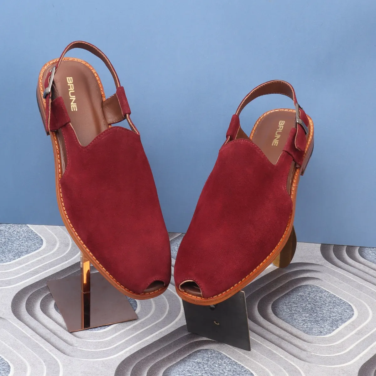 Light Weight Peshawari Sandals in Red Suede Leather For Men By Brune & Bareskin