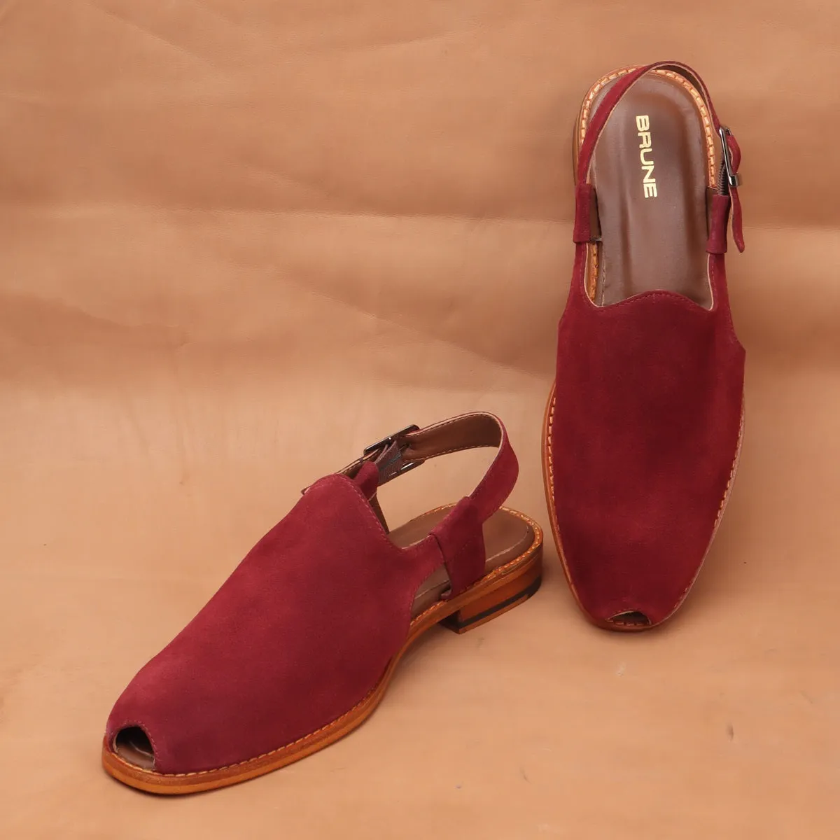 Light Weight Peshawari Sandals in Red Suede Leather For Men By Brune & Bareskin