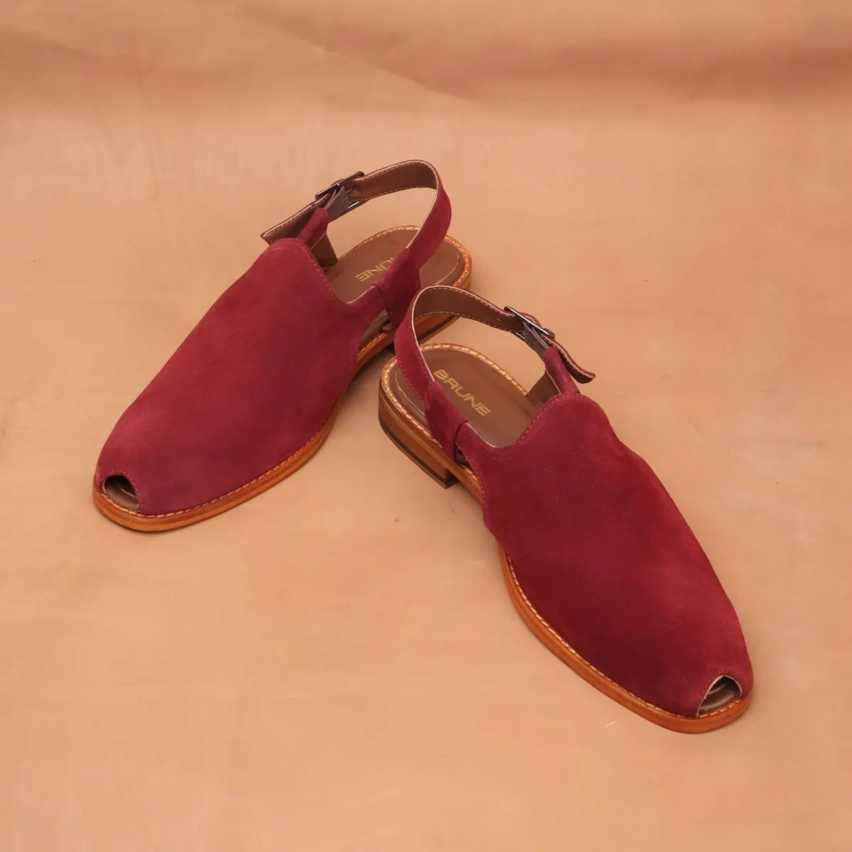 Light Weight Peshawari Sandals in Red Suede Leather For Men By Brune & Bareskin
