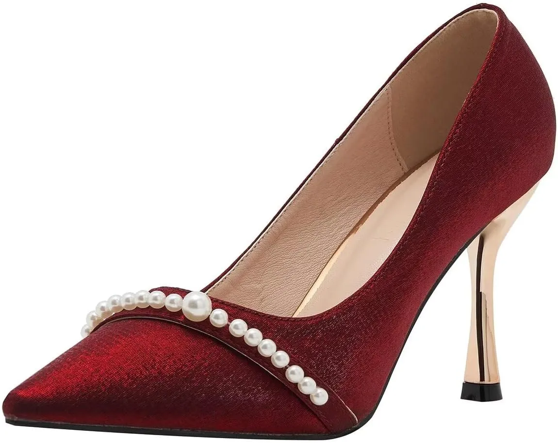 LUXINYU Women Pointed Toe Heels Elegant Stiletto Fashion Pearl Rhinestone Ladies Pumps Wedding Dress Shoes Comfortable Kitten Heels Work Shoes
