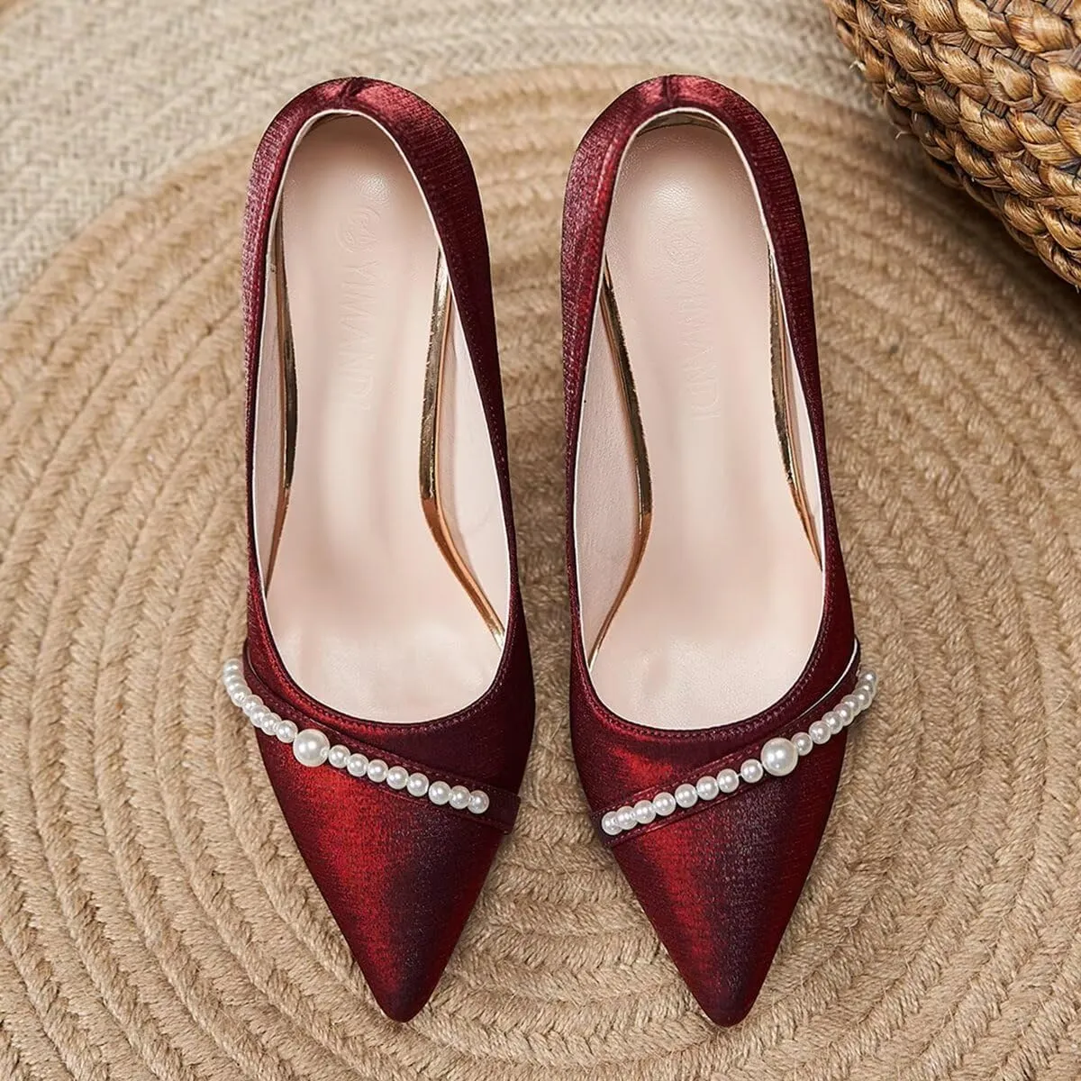 LUXINYU Women Pointed Toe Heels Elegant Stiletto Fashion Pearl Rhinestone Ladies Pumps Wedding Dress Shoes Comfortable Kitten Heels Work Shoes