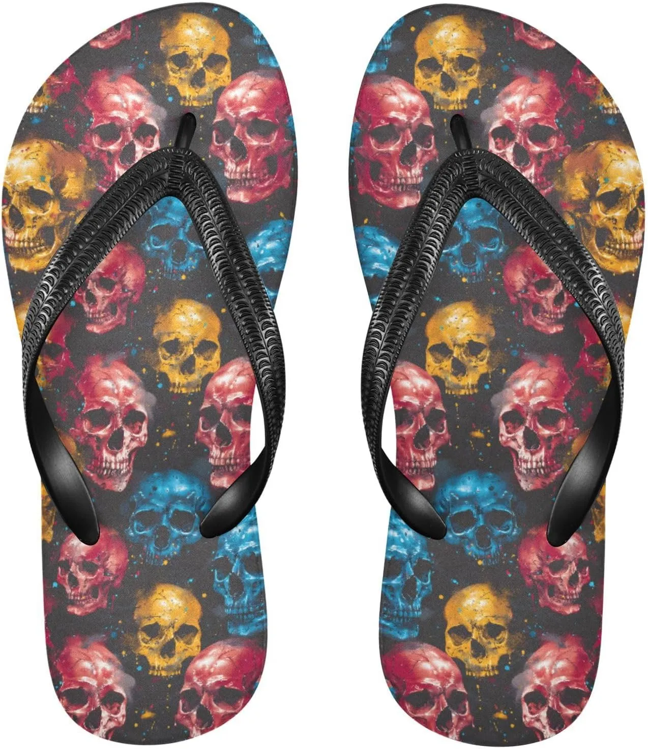 MNSRUU Flip Flops for Women Men Gothic Skull and Flower Flip Flops Womens Slides Men Sandals Shower Slippers Summer Non-Slip Flipflops for Swim Beach Bathroom, XS