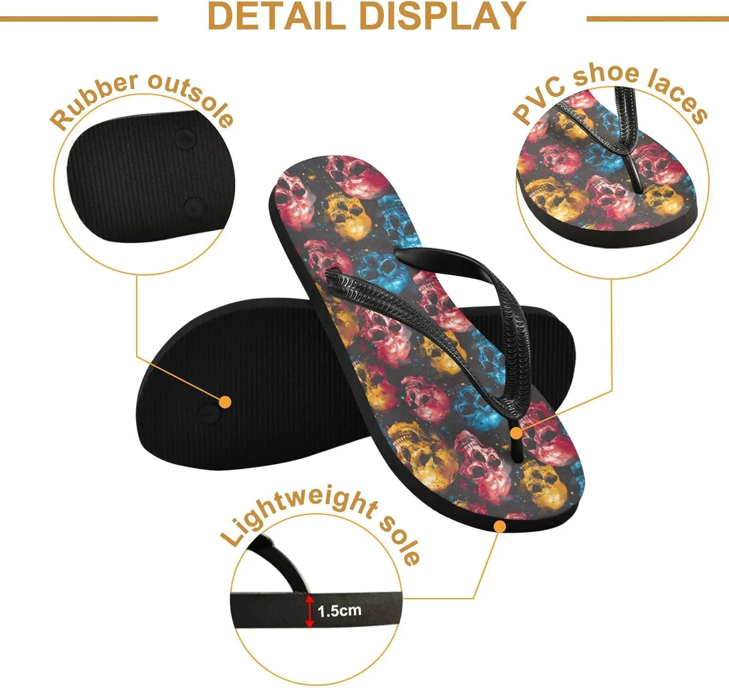 MNSRUU Flip Flops for Women Men Gothic Skull and Flower Flip Flops Womens Slides Men Sandals Shower Slippers Summer Non-Slip Flipflops for Swim Beach Bathroom, XS