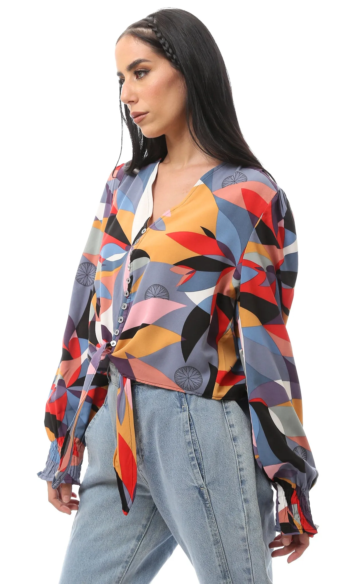 O168572 Patterned Long Sleeve Multicolour Buttoned Shirt