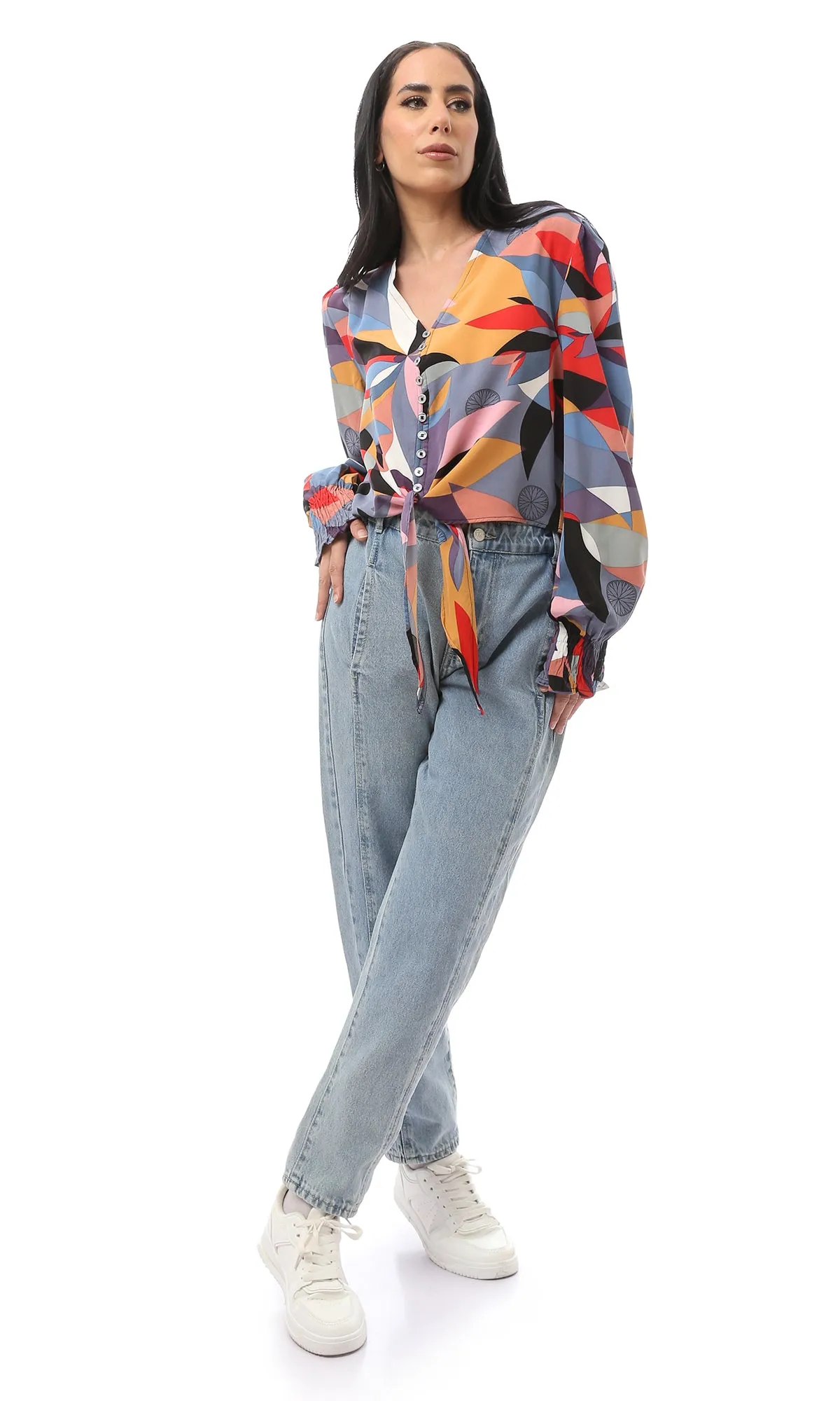 O168572 Patterned Long Sleeve Multicolour Buttoned Shirt