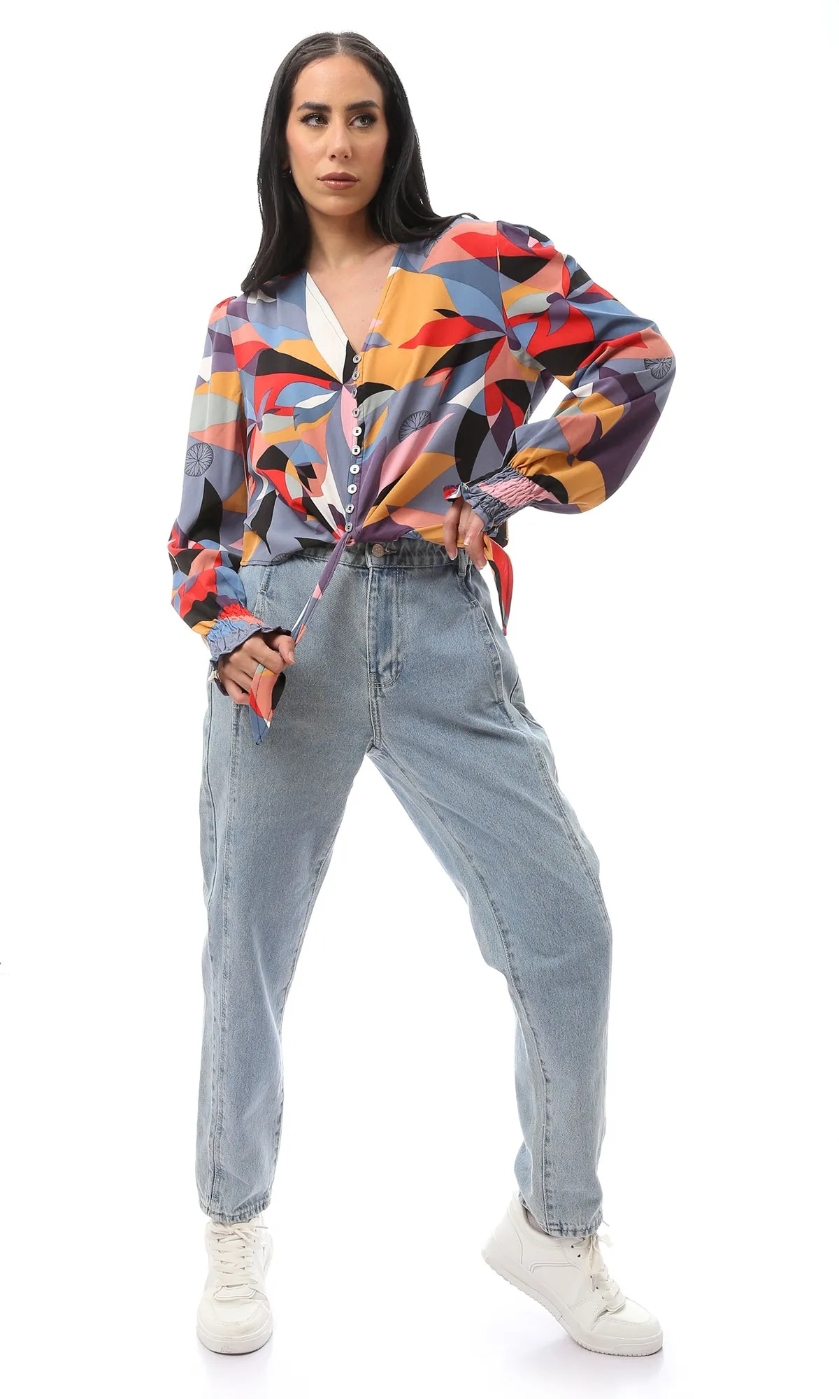 O168572 Patterned Long Sleeve Multicolour Buttoned Shirt