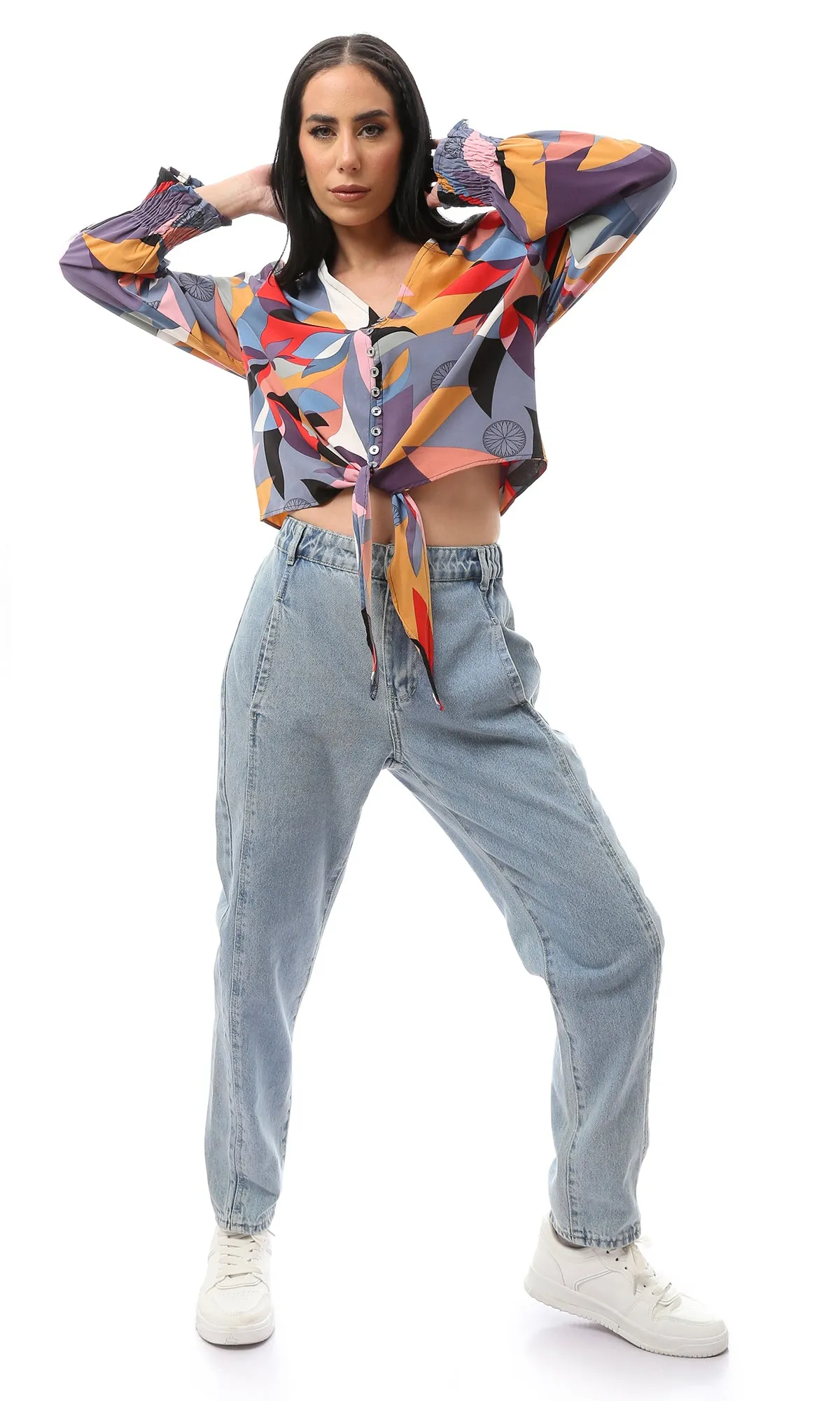 O168572 Patterned Long Sleeve Multicolour Buttoned Shirt