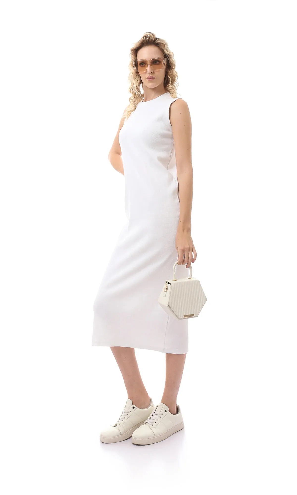 O170129 Ribbed White Plain Cotton Long Dress