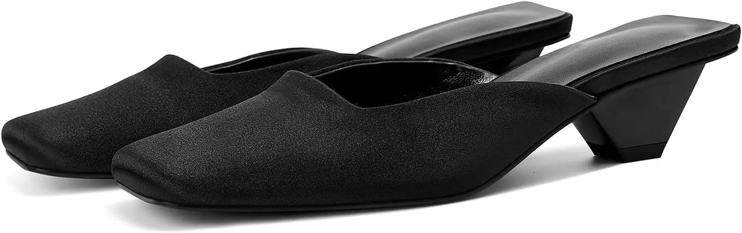 Satin Mid-low Heels Muller Sandals for Women, Closed Square Toe Kitten Heels Slip On Mules for Wedding Party Dance Dressy Casual Summer Pumps,Black 9