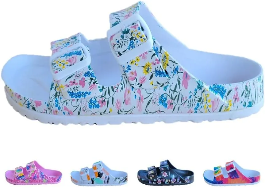 Slides Sandals Adjustable Double Buckle Strap EVA Sandals Flat, All Season Comfortable Light Weight Slides, Indoor and Outdoor Flip-Flops Anti-Slip Sole Waterproof Sandals